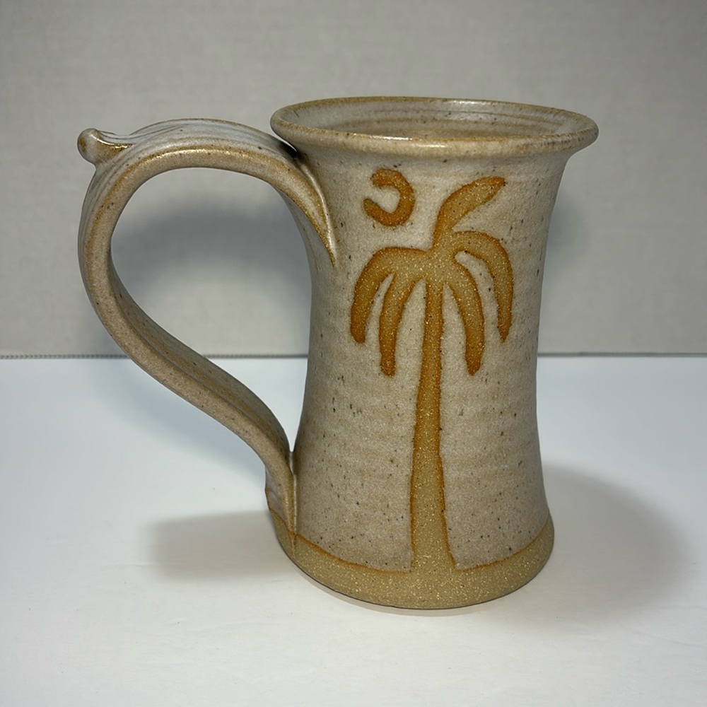 Studio Art Pottery Mug Lefty Mug Palm Tree Artist Signed 5.25”T 12OZS